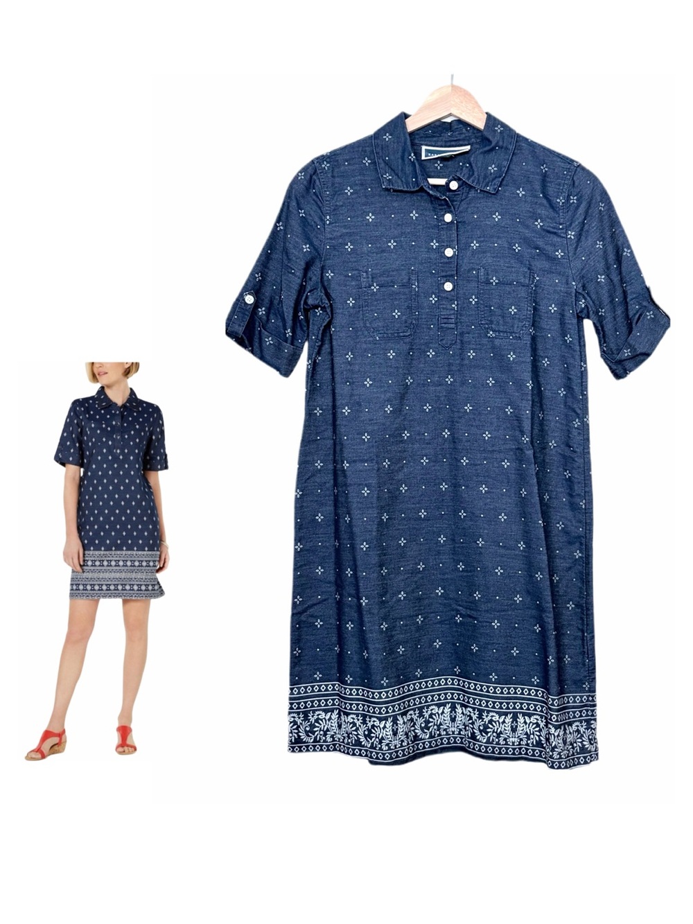 KAREN SCOTT Cotton Chambray Border Print Dress Size Petite Small Short Sleeve